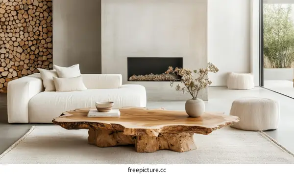 Modern Minimalist Living Room with Natural Wood Coffee Table