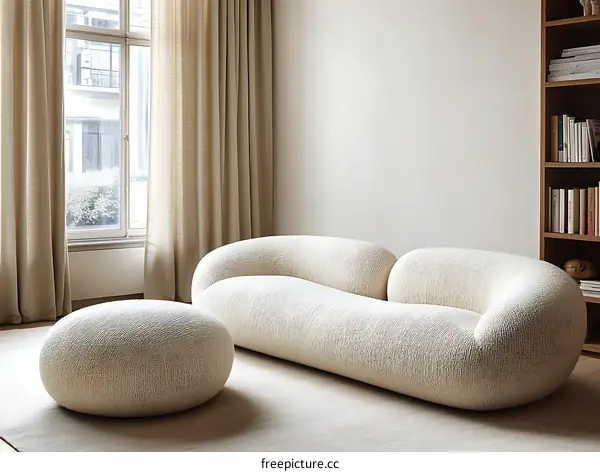 Modern Minimalist Living Room with Cozy Sofa and Pouf