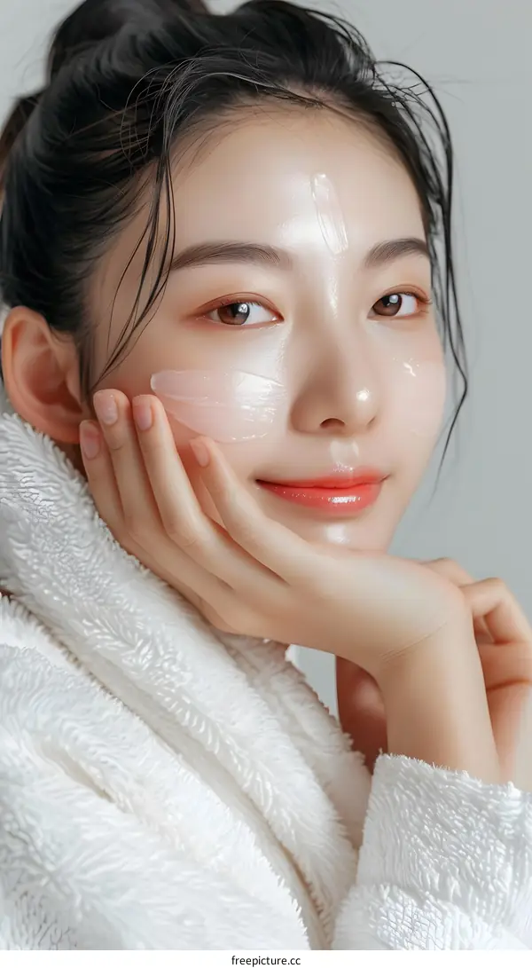 Beautiful Asian Woman Applying Facial Cream