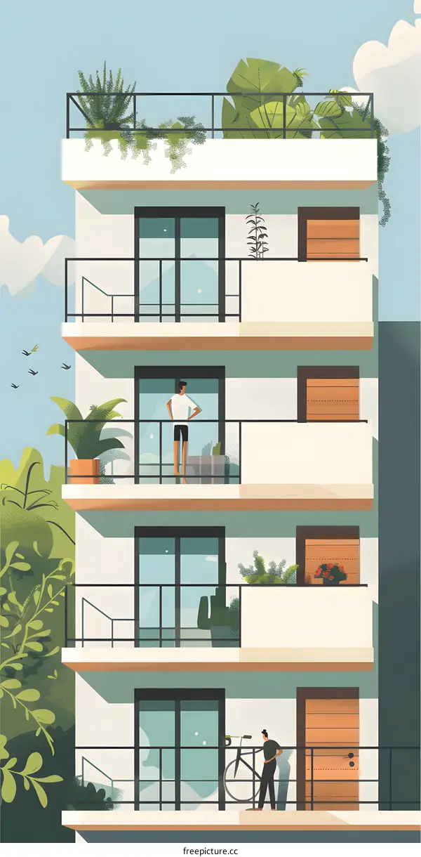 Modern Apartment Building with Balcony and Green Plants