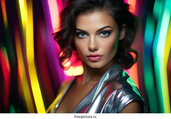 Portrait of a young woman with brown hair and green eyes wearing a silver dress with colorful neon lights in the background