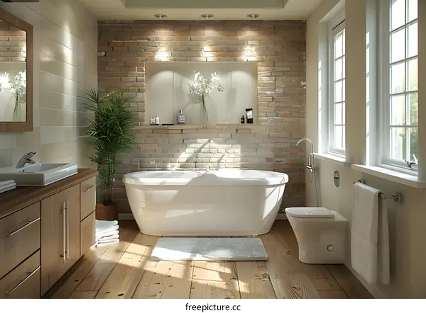 Bathroom With Brick Wall and Bathtub