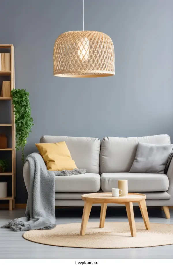 Modern living room interior with gray sofa, round table, carpet and decorations