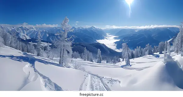 Winter Mountain Landscape with Snowy Trees and Sun