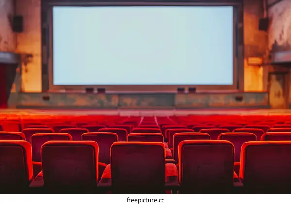 Retro Cinema Auditorium with Vacant Red Seats and Blank Projector Screen