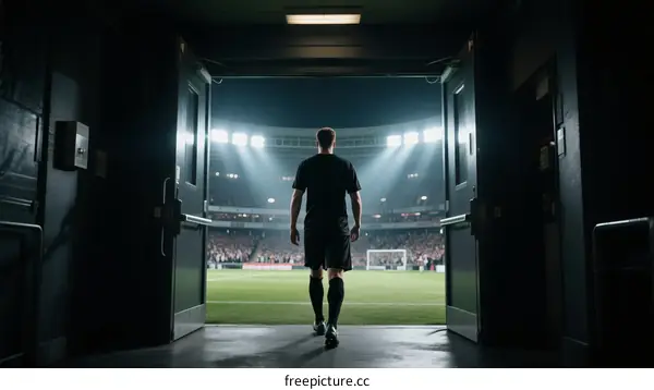 A soccer referee walking out to the football field with bright lights