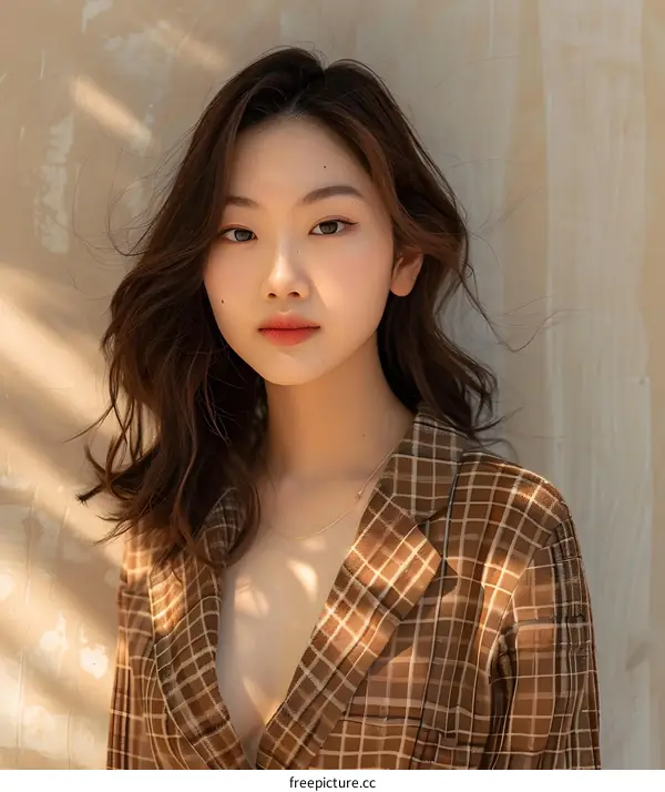 Young Asian Woman in Plaid Shirt Portrait
