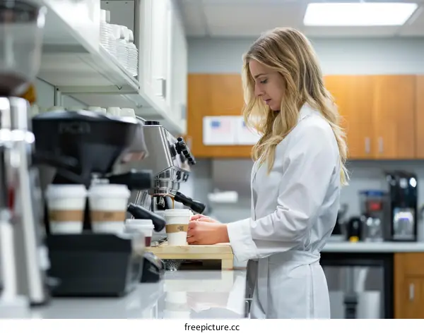 Young female scientist making coffee in lab