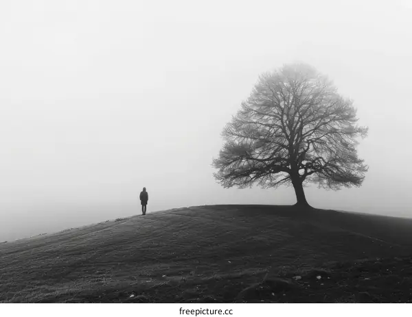 black and white photo of a person standing alone in a foggy field