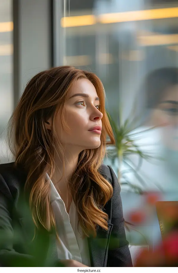 portrait of a young woman looking out the window