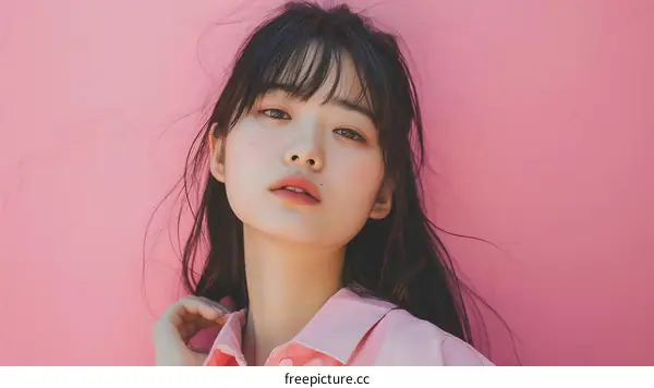 Beautiful Asian Woman in Pink Shirt Posing Against Pink Wall