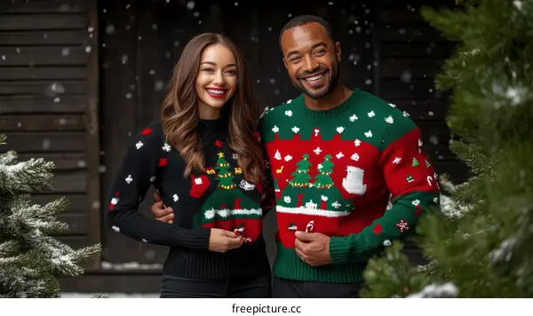 Couple Wearing Matching Christmas Ugly Sweaters