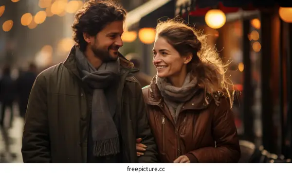 A smiling couple walking down a city street at night