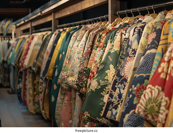 A rack of colorful kimono with floral patterns.