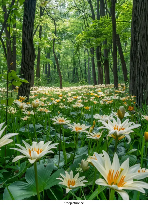 Yellow and White Flowers in a Lush Forest