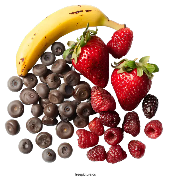 [Transparent Background PNG]Banana Strawberries Raspberries and Blueberries Isolated on White Background