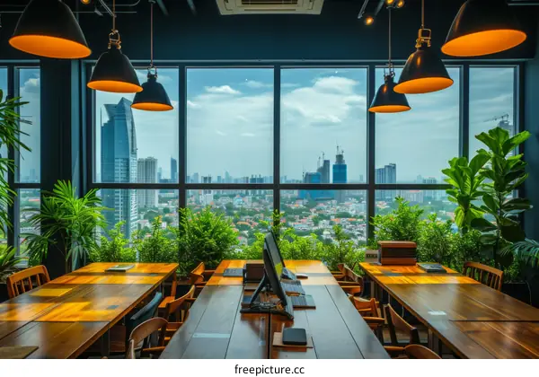 Modern office interior with large windows and city view