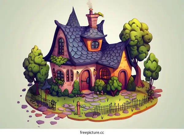 Cartoon Illustration of a Small Cottage with a Stone Path and Green Trees