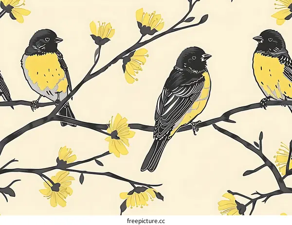 Yellow Birds and Flowers Seamless Pattern