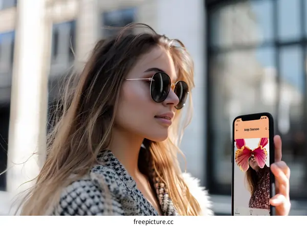Young Woman in Sunglasses Holding Phone with Social Media App Open