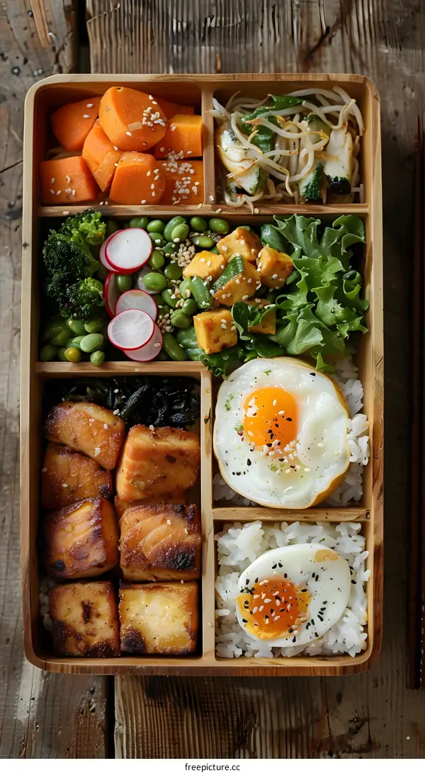 Japanese Bento Box with Fried Egg and Vegetables