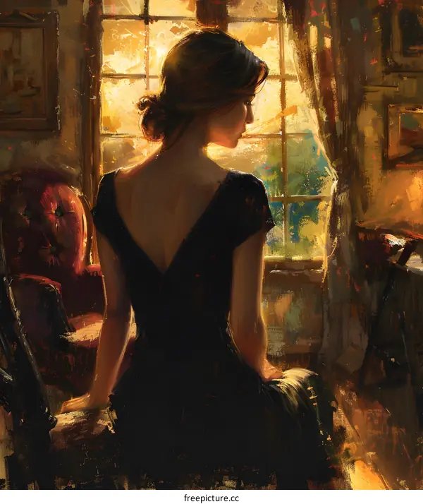 A woman is sitting on a chair in front of a window.