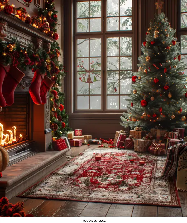 Cozy Christmas Tree by Fireplace