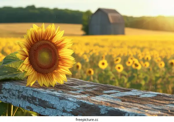 Sunflower field with barn in the distance