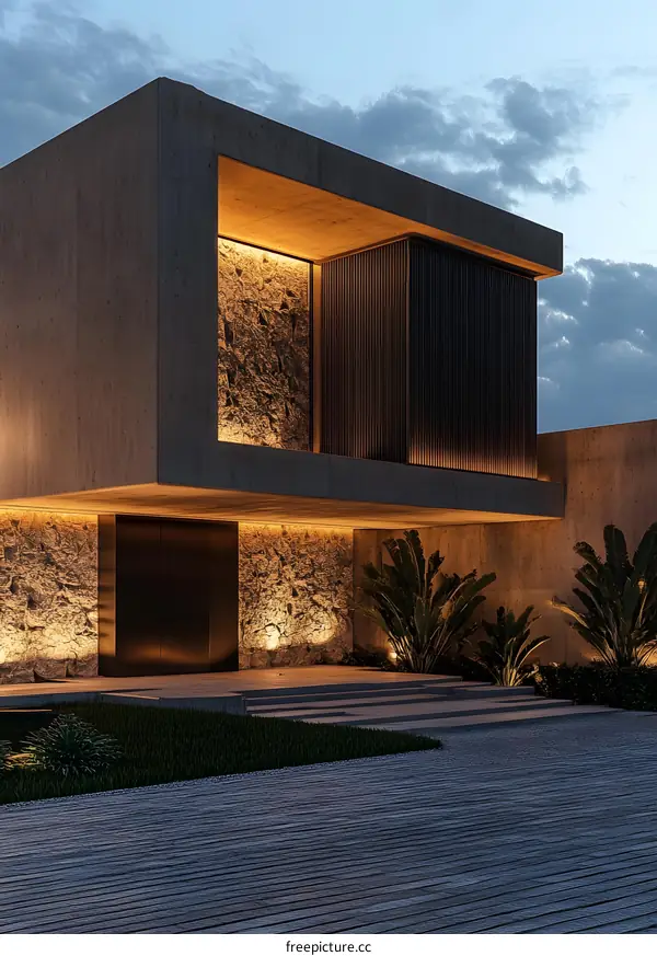 Modern Concrete House With Stone Walls And Palm Trees