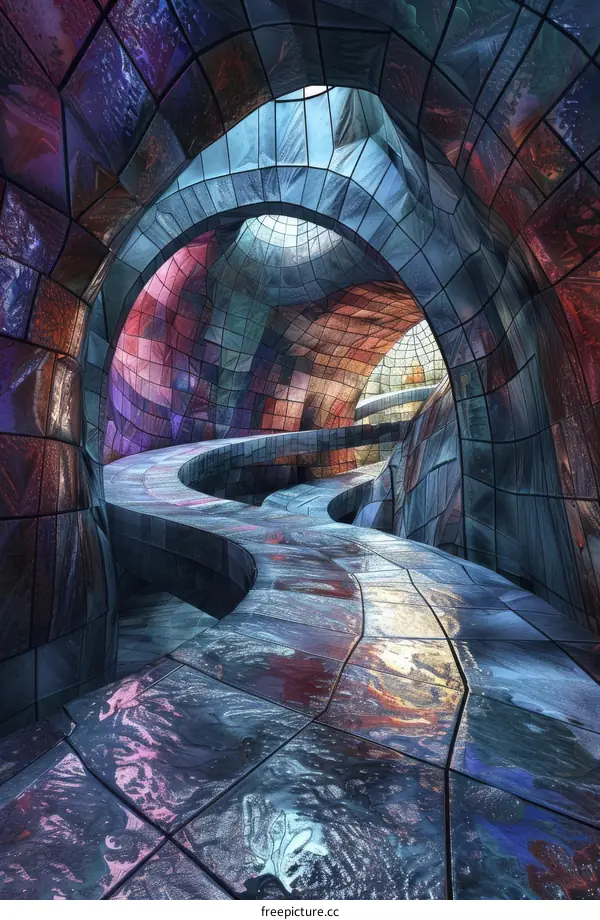 Colorful glass tunnel with a curved path