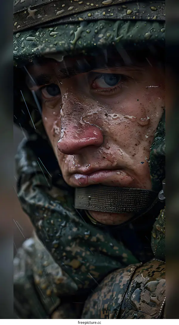 Portrait of a soldier in the rain