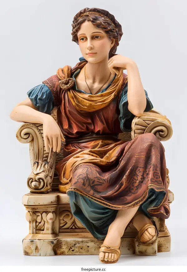 A woman in a classical pose is sitting on a throne