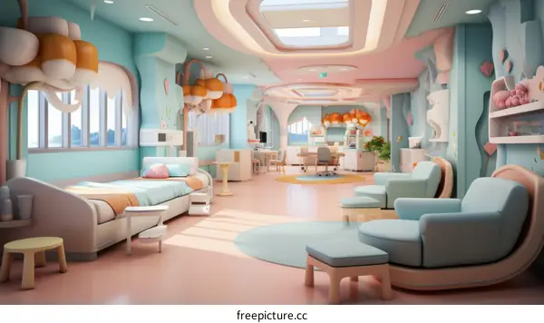 A rendering of a modern and colorful hospital room
