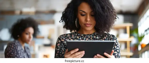 African American woman looking at tablet in a modern office