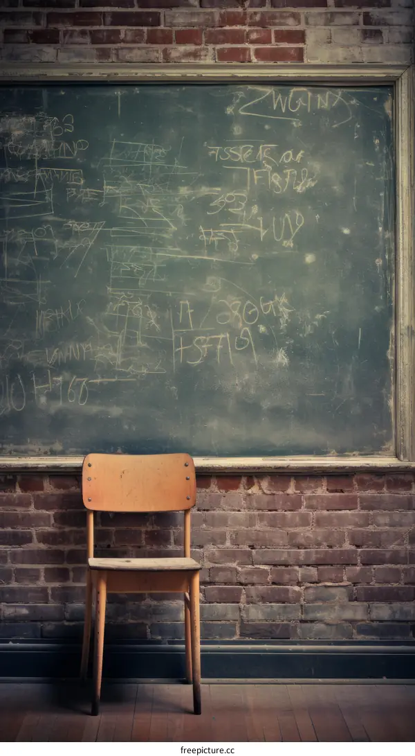 An old wooden chair sits in front of a chalkboard in an abandoned classroom