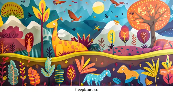 Colorful Illustration of Dinosaurs in a Fantasy Landscape