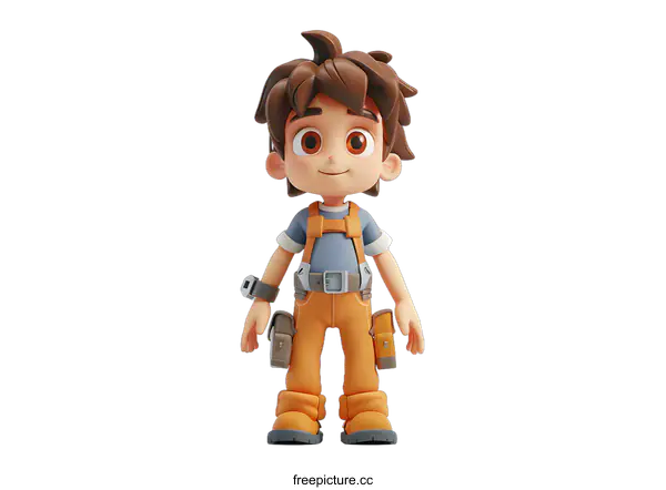 [Transparent Background PNG]Cute 3D cartoon character of a boy wearing a tool belt.