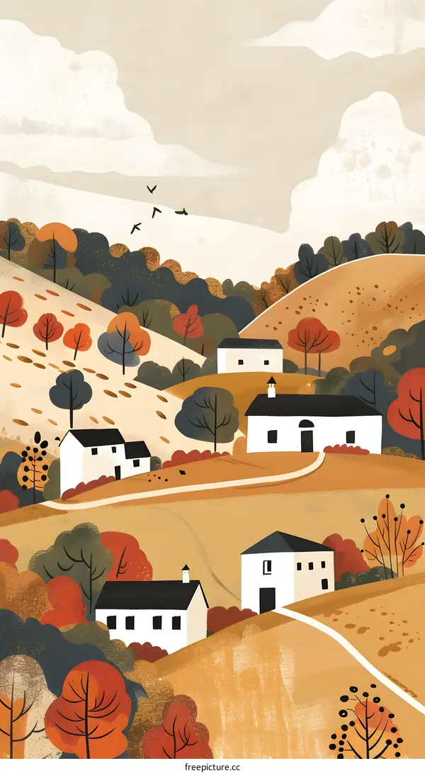 Autumn Landscape with White Houses and Rolling Hills