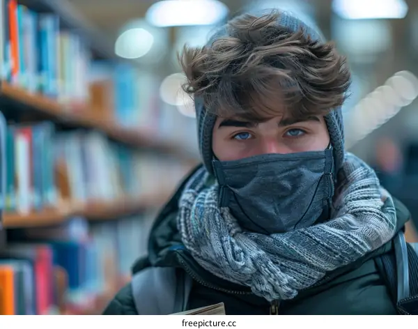 Portrait of a young male student wearing a mask in a library