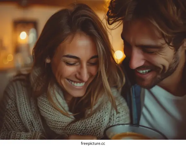 A couple is smiling and laughing together in a cozy setting.