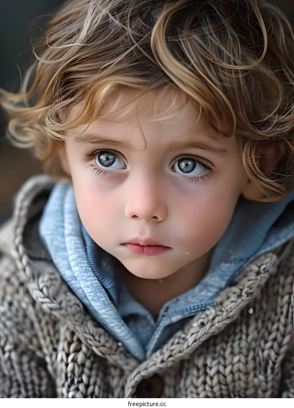 Portrait of a cute caucasian toddler boy with curly blond hair and big blue eyes