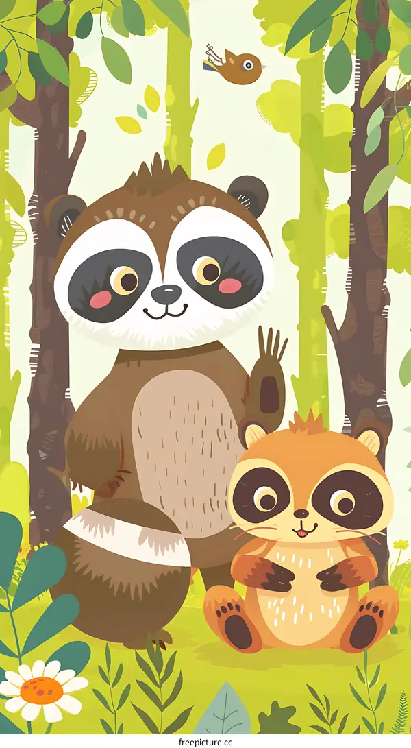 Cute Cartoon Animal Illustration Of Two Raccoon In The Forest