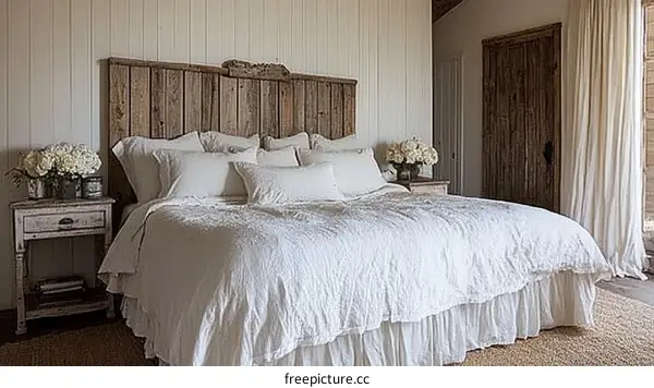 Rustic Wooden Bed Headboard in a White Bedroom