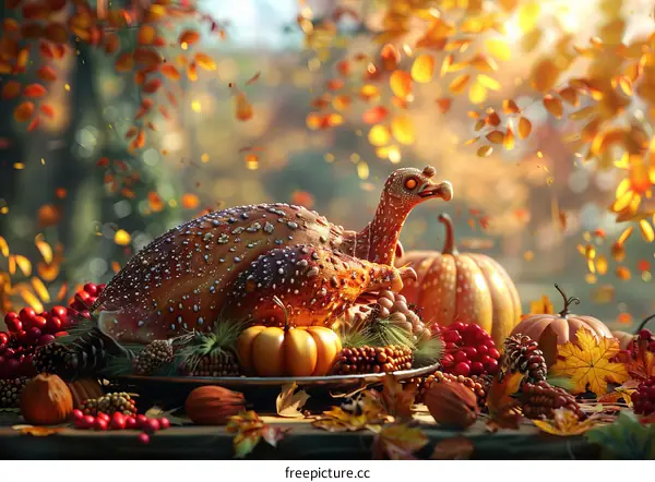 Thanksgiving Dinner with Roasted Turkey, Pumpkins, and Autumn Leaves