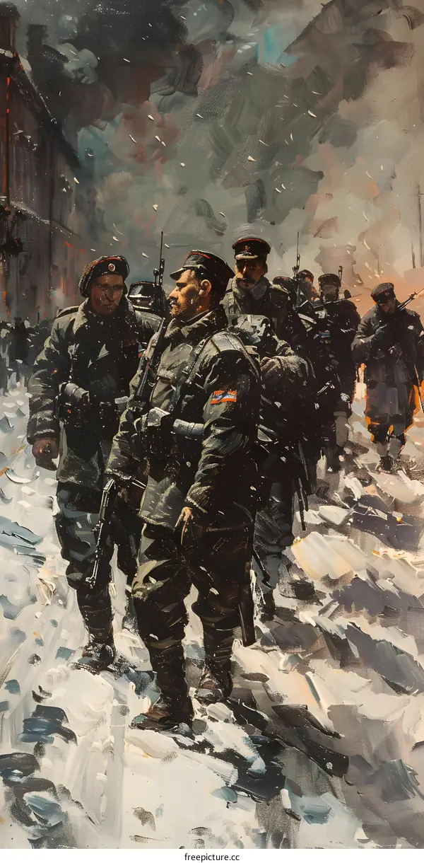A group of soldiers in winter uniforms marching through a snowy street with a ruined building in the background