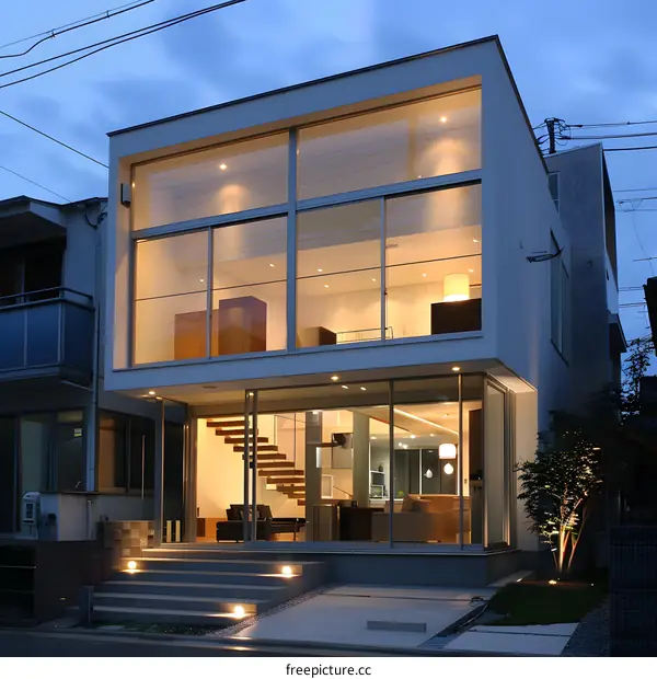Modern House with Large Glass Windows and Lighting