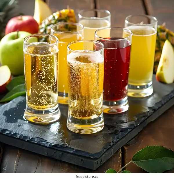 Close Up of Different Flavored Sparkling Juices with Fruit Slices