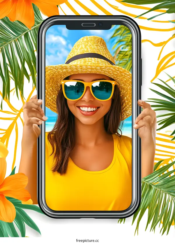 Woman Holding Smartphone With Tropical Background