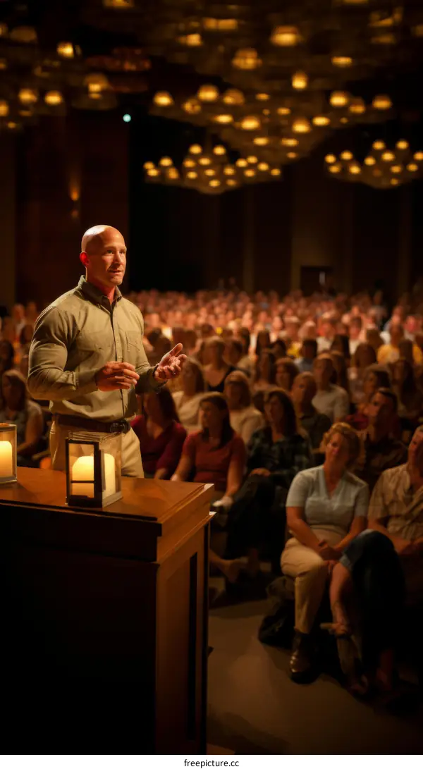 A man giving a speech in front of a large audience