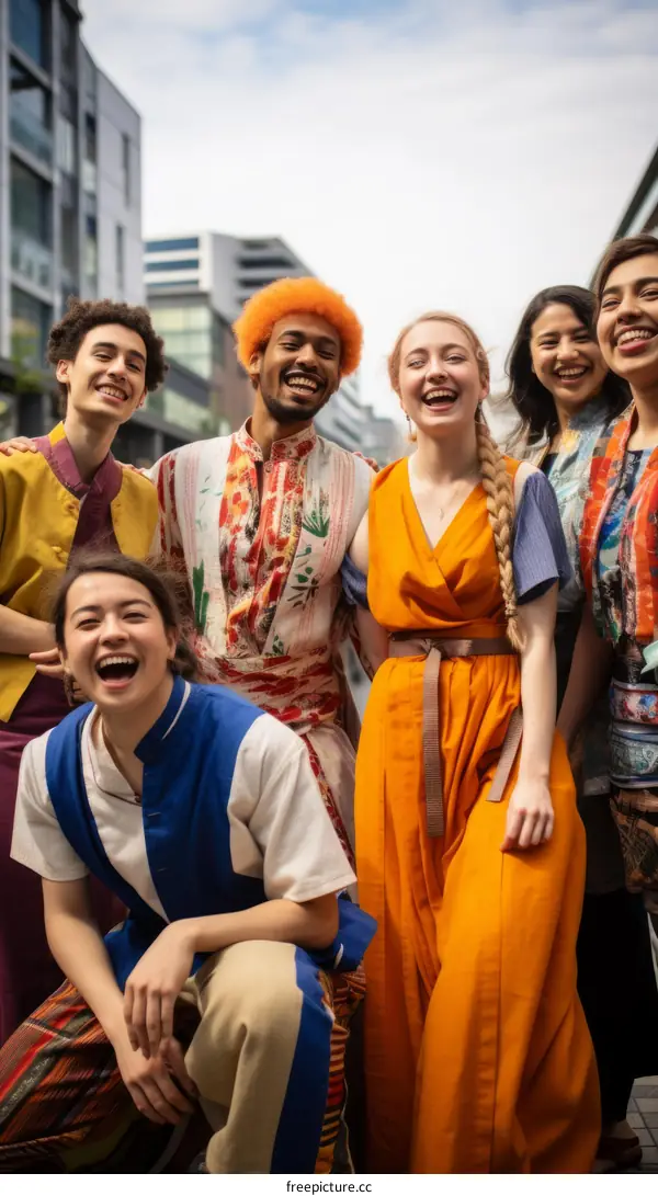 A group of six people of various ethnicities are posing and smiling in front of a building.